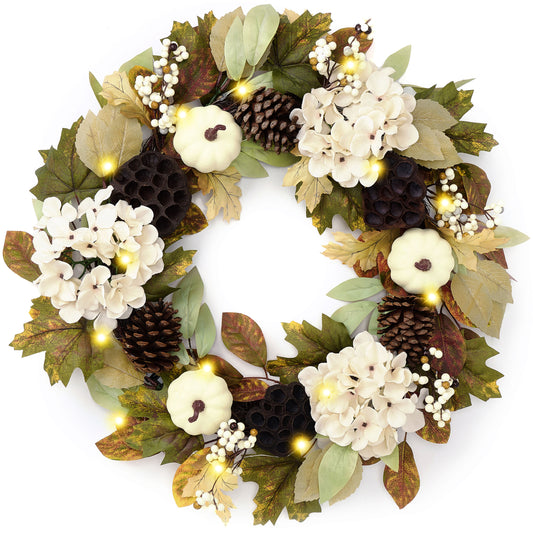 DecorbyHannah Fall Wreaths for Front Door, 24 Inch Collasible Fall Wreath with Lights, Autumn Farmhouse Pumpkin Wreaths with Pinecone Lotus Hydrangea Maple Leaves for Porch Wall Indoor Outdoor Use