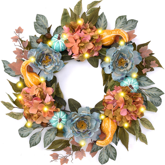 DecorbyHannah Fall Wreaths for Front Door, 24 Inch Collasible Fall Door Wreath with Lights, Autumn Floral Wreaths Decor with Peony Hydrangea and Pumpkins for Porch Wall Window Indoor Outdoor Use