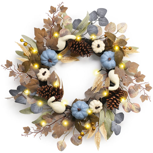 DecorbyHannah Collapsible Thanksgiving Wreaths for Front Door, 22 inch Pre-Lit Fall Wreath with Blue Pumkin and Pinecone for Harvest Home Wall Window Indoor Outdoor Decor