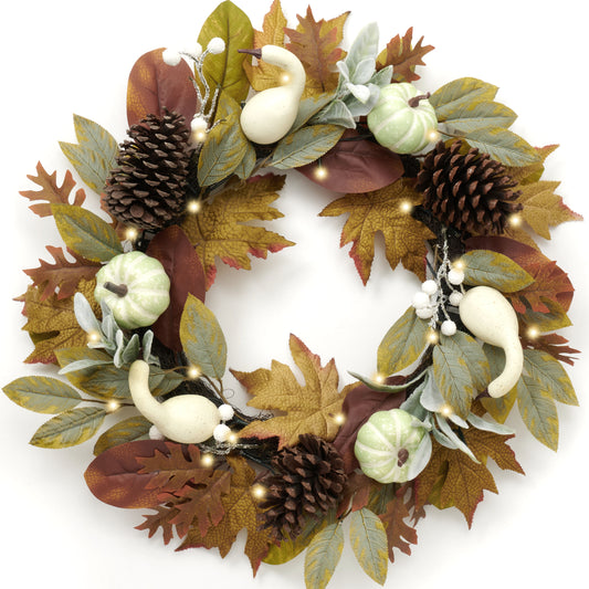 DecorbyHannah Collapsible Thanksgiving Wreaths for Front Door, 22 inch Pre-Lit Fall Wreath with Green Pumkin and Pinecone for Harvest Home Wall Window Indoor Outdoor Decor