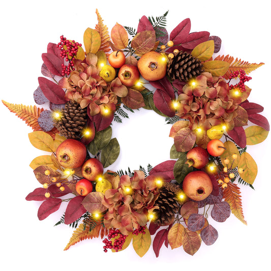 DecorbyHannah Fall Wreaths for Front Door, 24 Inch Collasible Lighted Autumn Door Wreath with Golden Boxwood Pinecone Pomegranate for Harvest Thanksgiving Home Wall Window Indoor Outdoor Decor