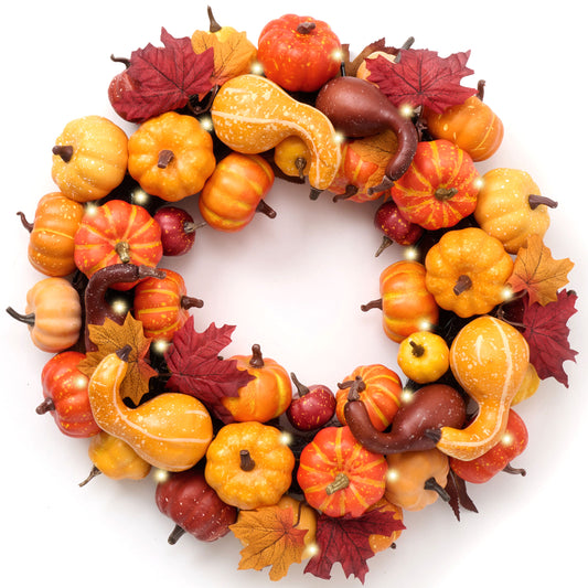 DecorbyHannah Thanksgiving Wreaths for Front Door, 18 inch Pre-Lit Fall Pumkin Wreath with Maple Leaves for Harvest Home Wall Window Indoor Outdoor Decorations