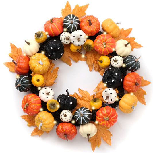 DecorbyHannah Fall Pumpkin Wreath, 18 Inch Fall Door Wreath Decorations with Lights for Fall Indoor Outdoor Home Party Decor (Black Orange)