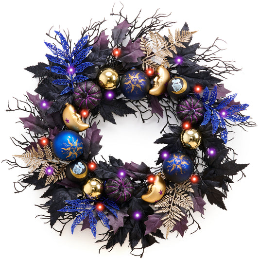 DecorbyHannah Collapsible Halloween Door Wreath, 24 Inch Light Up Black Halloween Wreaths for Front Door with Maple, Pumpkins and Witch Ornaments Decorations Indoor Outdoor for Porch Window