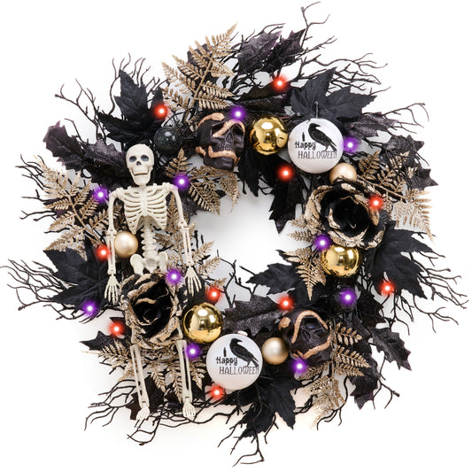 DecorbyHannah Collapsible Halloween Door Wreath, 24 Inch Light Up Black Halloween Wreaths for Front Door with Skeleton, Skulls and Roses, Scary Halloween Decorations Indoor Outdoor for Porch Window