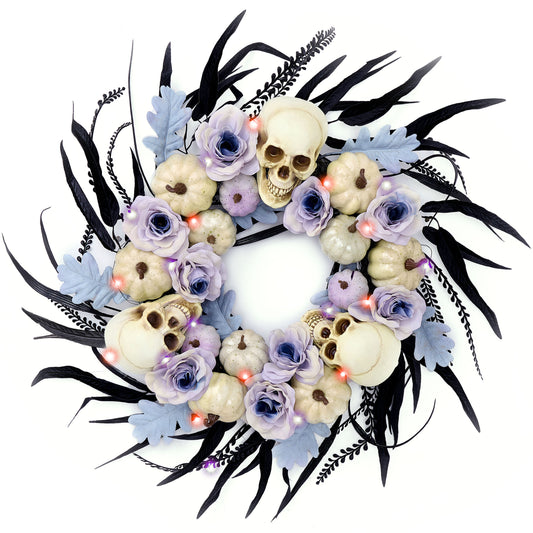 DecorbyHannah Gothic Christmas Decor Wreath, 20 Inch Gothic Christmas Wreath with Lights, Scary Decorations with Roses Skull Pumpkin for Porch Window Outdoor Indoor Home Decor