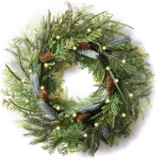 Decorbyhannah Christmas Wreath for Front Door with Lights, 24 inch Lighted Artificial Real Touch Cedar Norfolk Pine Wreaths for Windows, Prelit Green Xmas Wreath for Winter Holiday Home Outdoor Decor