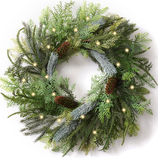 Decorbyhannah Christmas Wreath for Front Door with Lights, 20 inch Lighted Artificial Real Touch Cedar Norfolk Pine Wreaths for Windows, Prelit Green Xmas Wreath for Winter Holiday Home Outdoor Decor