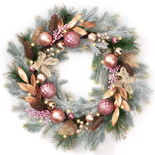 DecorbyHannah 24" Pre-Lit Christmas Wreath with Lights, Large Pink Lighted Christmas Wreaths for Front Door Window with Ornaments, Battery Operated Outdoor Xmas Wreath for Winter Holiday Decor