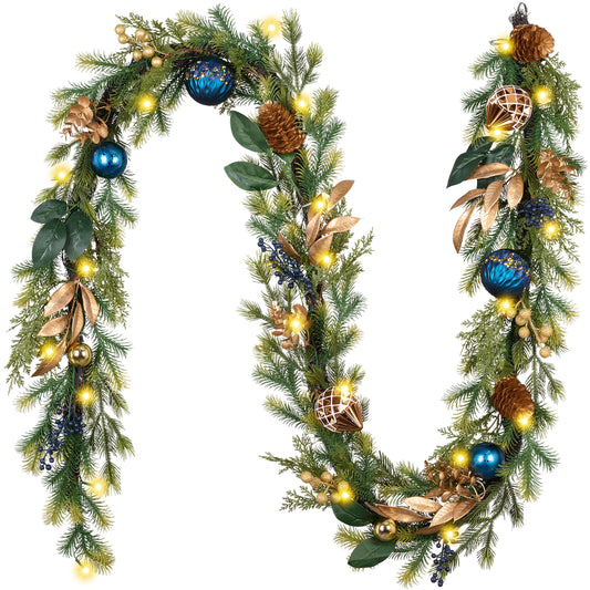 DecorbyHannah Christmas Garland with Lights, 9Ft Prelit Christmas Garland for Mantle, Stairs Railing, Lighted Xmas Garlands with Pine Cone, Bow Ornaments for Home Outdoor Decor(Blue Copper)