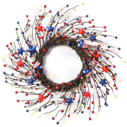 DecorbyHannah Patriotic Memorial Day Wreath for Front Door, 20 Inch 4th of July Door Wreaths, Red White Blue Berry Twig Wreath with Heart for Independence Flag Day for Window Proch, Tabel Decor
