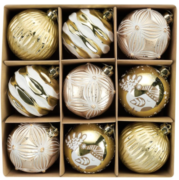 DecorbyHannah 9ct 80mm Large Gold White Christmas Tree Decorations, Shatterproof Scandinavian Ball Ornaments for Christmas Tree, Home Decor