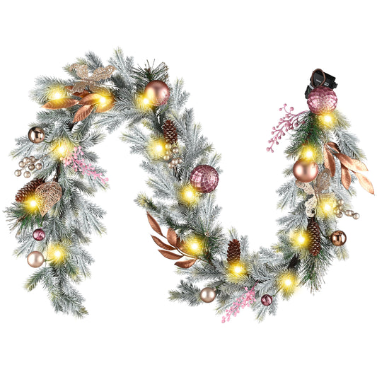 DecorbyHannah Christmas Garland with Lights, 6Ft Prelit Pink Christmas Garland for Mantle, Stairs Railing and Fireplace, Lighted Xmas Real Touch Norfolk Pine Garlands with Ornaments for Outdoor Decor
