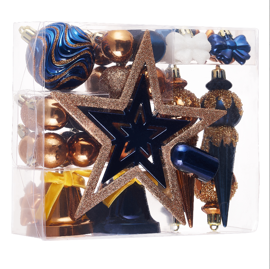 DecorbyHannah 35ct Christmas Ornaments Tree Decorations with Tree Topper|Shatterproof Blue Copper Gold Ready to Hang Christmas Ball Set Bell Hanging Plastic Bulk for Xmas Holiday Indor Party Decor