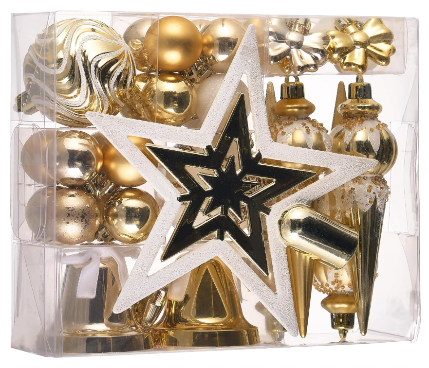 DecorbyHannah 35ct Christmas Ornaments Tree Decorations with Tree Topper|Shatterproof Neutral Modern White Gold Ready to Hang Christmas Ball Set Bell Hanging Bulk for Xmas Holiday Indor Party Decor