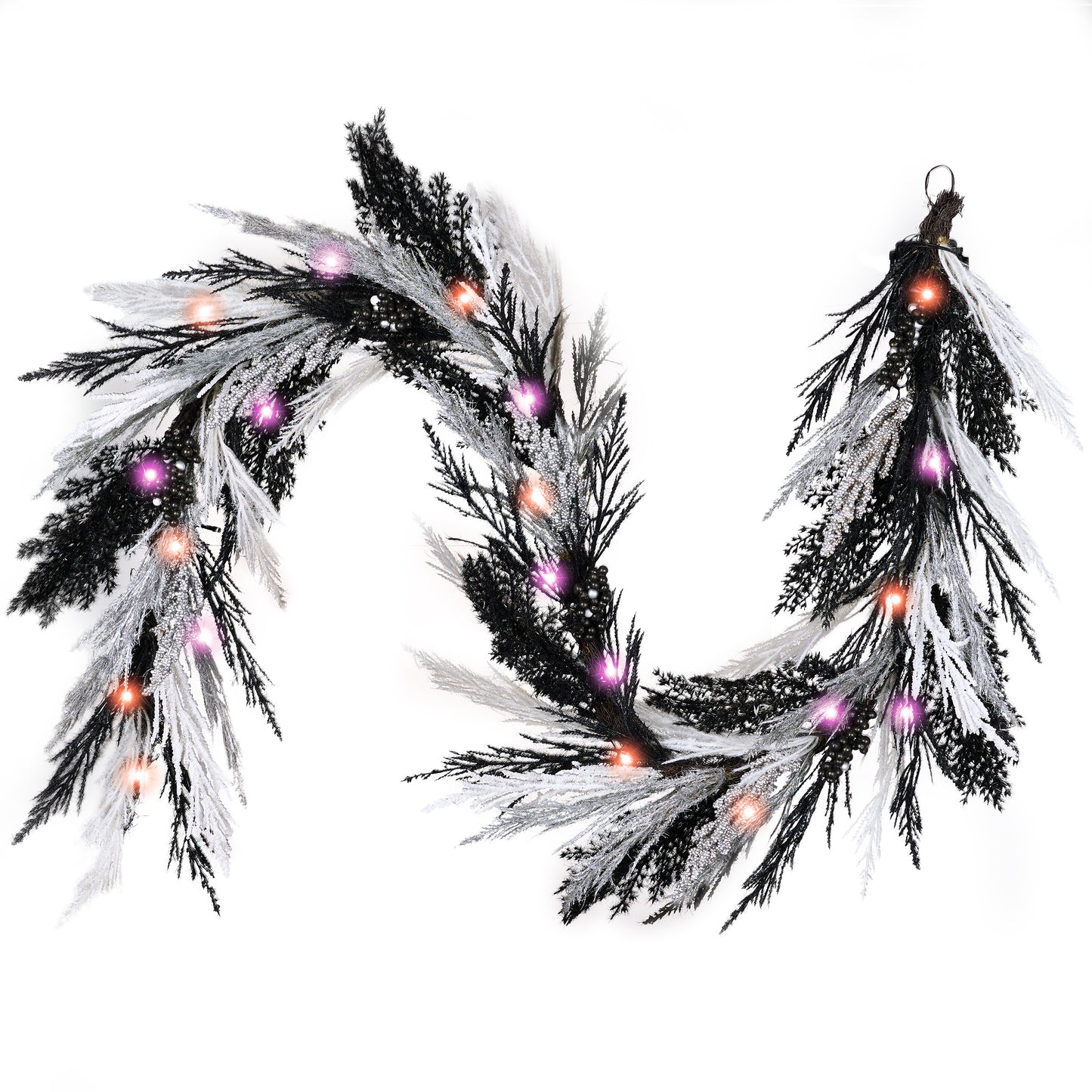 DecorbyHannah Halloween Garland for Mantel with Lights, 6ft Pre-Lit Light Up Artificial Black Silver Pampas Grass Garland with Pine Branch Berry Halloween Decor for Indoor Home Table Mantel Decoration