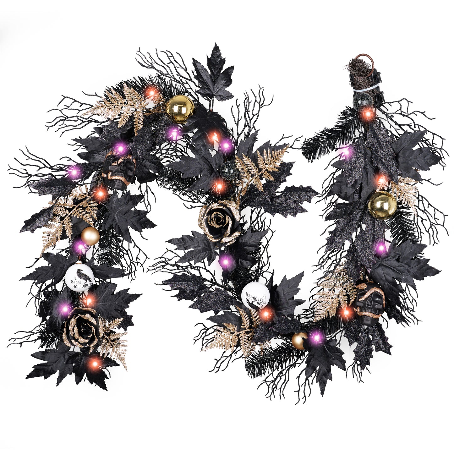 DecorbyHannah Halloween Garland for Mantel with Lights, 6ft Pre-Lit Light Up Black Maple Leaf Garland with Haunted Halloween Skull Ornament Fern Branch Decor for Mantel Fireplace Table Home Indoor