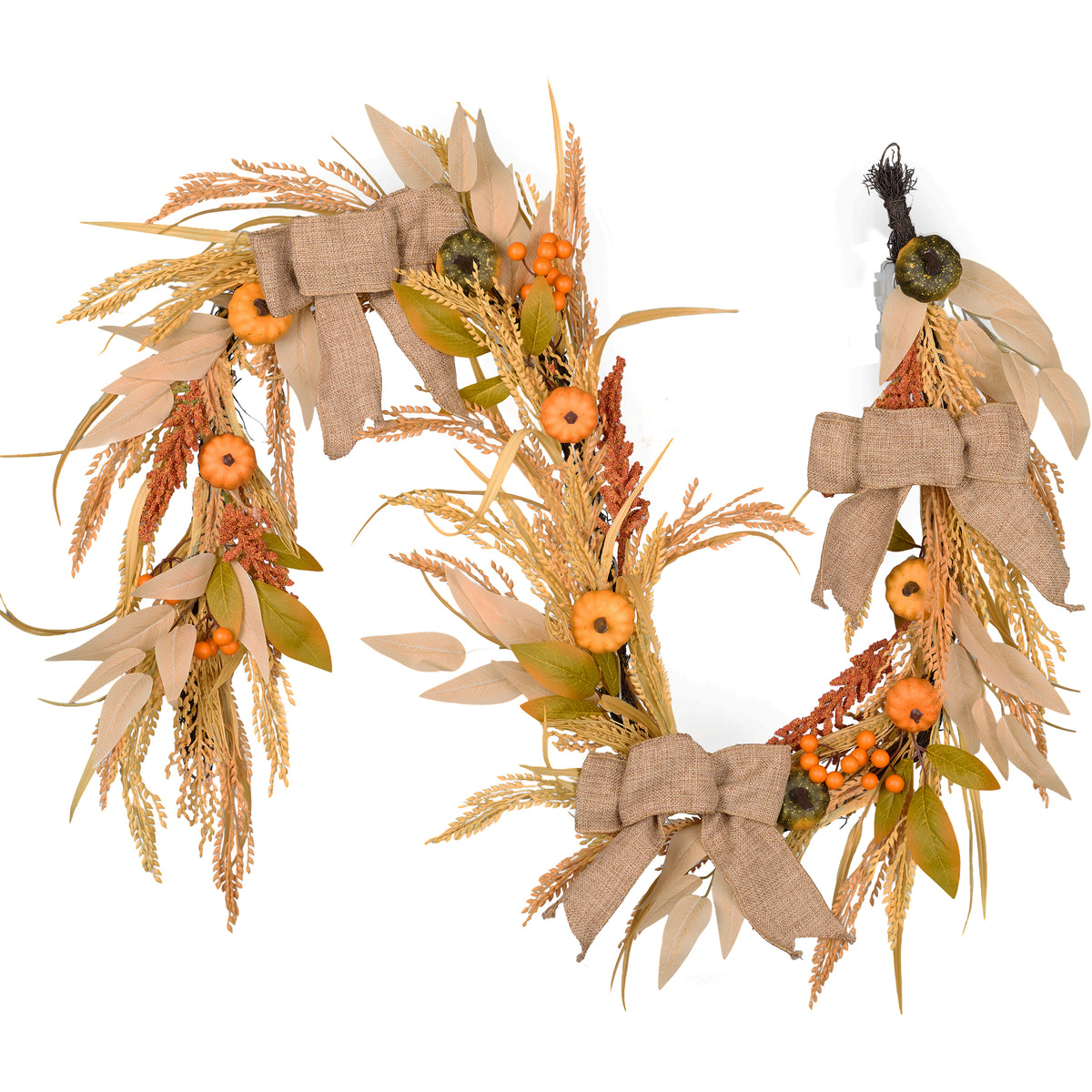 DecorbyHannah Fall Garland with Lights for Mantel, 6ft Rustic Farmhouse Autumn Harvest Wheat Pumpkins Garland with Burlap Bow Fall Decorationsfor Home Thanksgiving Indoor Outdoor Table Centerpiece