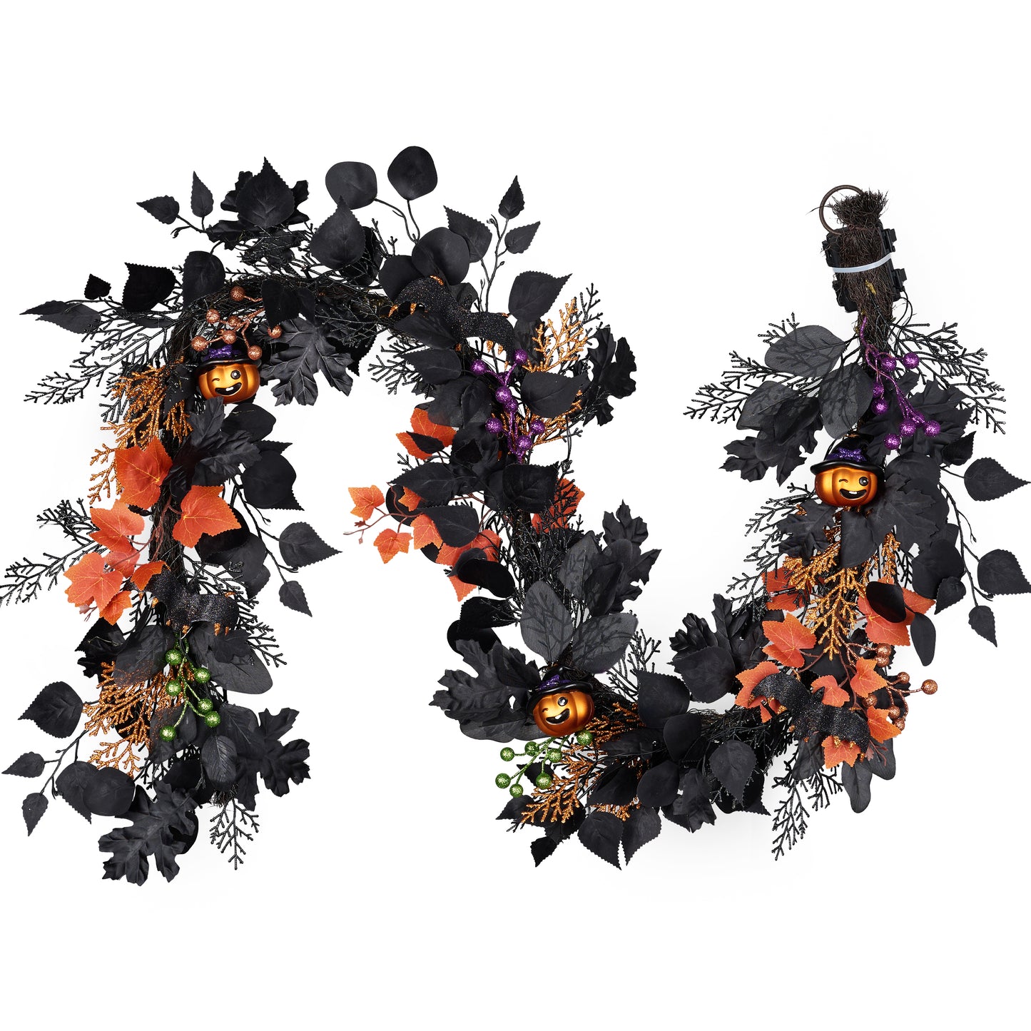 DecorbyHannah Halloween Garland for Mantel with Lights, 6ft Spooky Pre-Lit Light Up Black Maple Leaf Jack-o'-Lantern Pumpkins Garland Decorations for Mantel Fireplace Table Home Indoor Outdoor