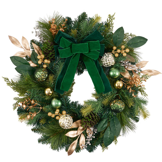 DecorbyHannah 20" Green Bow Christmas Wreath with Lights for Front Door