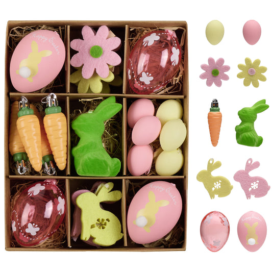 DecorbyHannah Easter Eggs Decorations, 24ct Small Easter Tree Ornaments for Basket, Shatterproof Colorful Pastel Easter Spring Decor with Bunny Rabbit, Carrot and Flower for Home Party Outdoor Garden