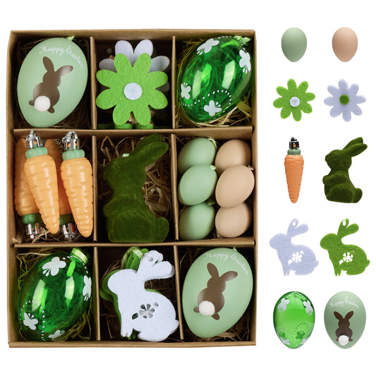 DecorbyHannah Easter Eggs Decorations, 24ct Small Easter Tree Ornaments for Basket, Shatterproof Green Brown Easter Spring Decor with Bunny Rabbit, Carrot and Flower for Home Party Outdoor Garden