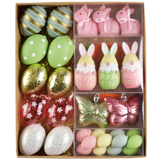 DecorbyHannah Easter Eggs Decorations, 40ct Easter Tree Ornaments for Basket, Shatterproof Colorful Pastel Easter Spring Decor with Bunny Rabbit, Carrot and Flower for Home Party Outdoor Garden