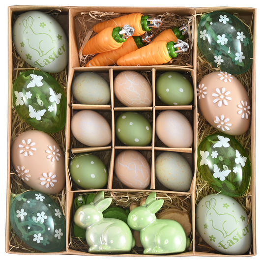 DecorbyHannah Easter Eggs Decorations, 30ct Small Easter Tree Ornaments for Basket, Shatterproof Plastic Green Brown Decor with Bunny Rabbit and Carrot for Vase Filler Home Party Outdoor Garden