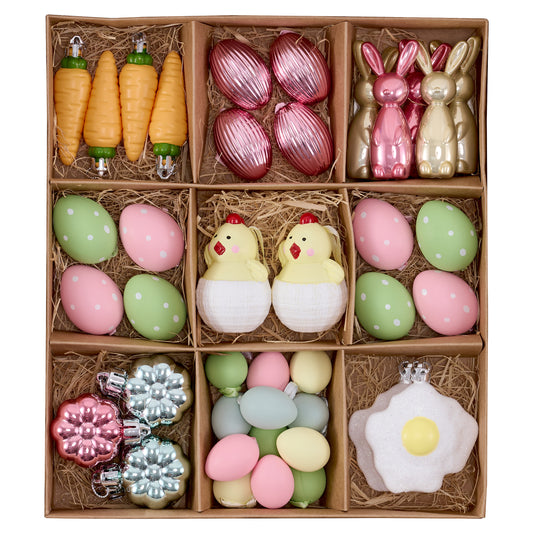 DecorbyHannah Easter Tree Decorations, 45ct Easter Eggs Ornaments for Basket, Shatterproof Colorful Pastel Plastic Hanging Decor with Hatching Chick, Bunny Rabbit, Fried Egg and Carrot for Home