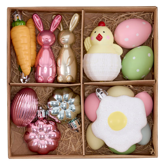 DecorbyHannah Easter Tree Decorations, 18ct Easter Eggs Ornaments for Basket, Shatterproof Colorful Pastel Plastic Hanging Decor with Hatching Chick, Bunny Rabbit, Fried Egg and Carrot for Home