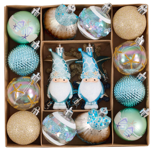 DecorbyHannah Summer Ornaments for Tree, 21ct Shatterproof Nautical Beach Ornaments for Christmas in July Tree Decor, Ocean Themed Starfish Seashell Ship Wheel Gnome Coastal Decor for Tropical Party
