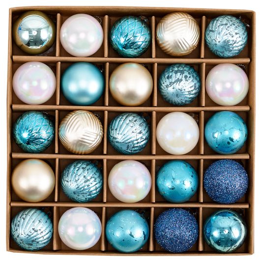 DecorbyHannah Summer Ornaments for Tree, 25ct Shatterproof Ball Ornaments for Christmas in July Tree Decorations, 1.18 Inch Teal Aqua Blue Ocean Themed Nautical Beach Coastal Decor for Tropical Party