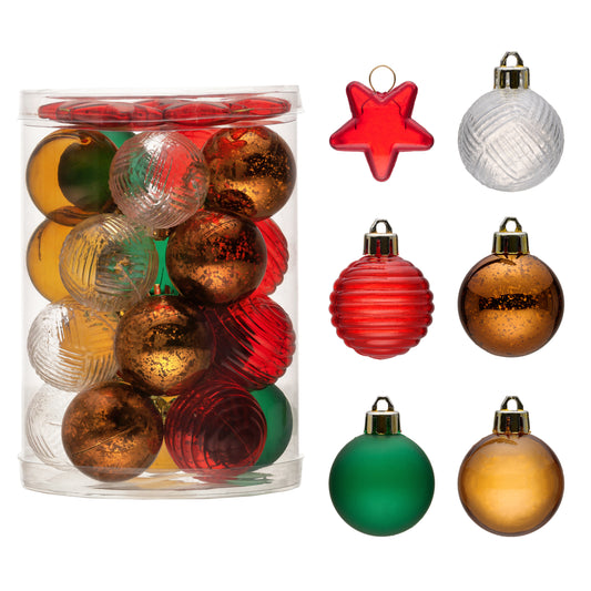DecorbyHannah Mini Christmas Tree Ornaments, 25ct 1.57inches Ginger Red Gold Green Christmas Ball Ornaments for Tree Decorations, Small Clear Shatterproof Plastic Hanging Balls Bulk for Xmas,Party