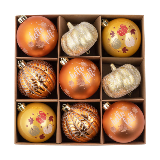 DecorbyHannah Fall Ornaments Decorations for Tree, 9ct Autumn Thanksgiving Harvest Pumpkin Tree Ornaments Set, Shatterproof Gold Farmhouse Decor Hanging Ball for Home Indoor Table, 2.36inch/60mm
