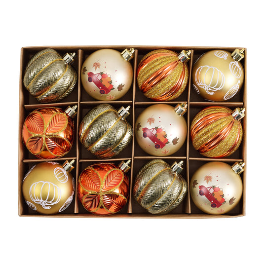 DecorbyHannah Fall Ornaments Decorations for Tree, 12ct Autumn Thanksgiving Harvest Pumpkin Tree Ornaments Set, Shatterproof Gold Orange Farmhouse Decor Hanging Ball for Home Indoor Table, 2.36in/60mm