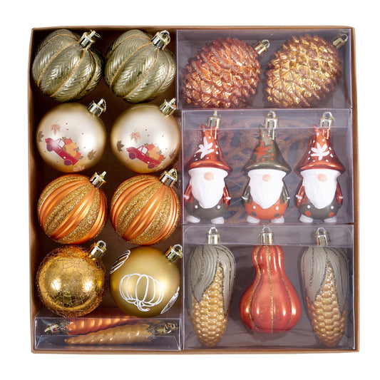DecorbyHannah Fall Ornaments Tree Decorations, 35ct Autumn Thanksgiving Harvest Pumpkin Gnome Pinecone Tree Ornaments Set, Shatterproof Gold Orange Farmhouse Hanging Ball Decor for Home Indoor Table