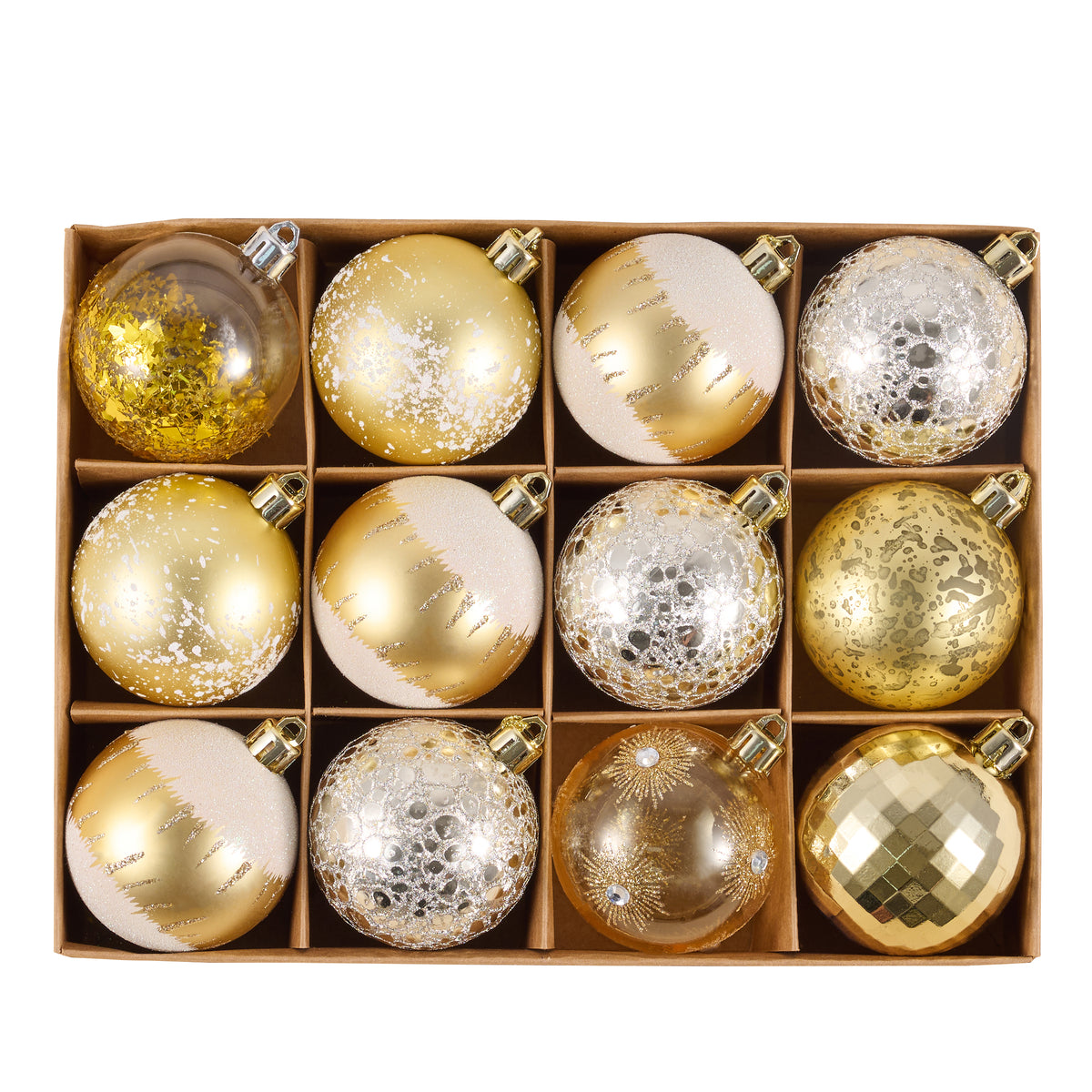 DecobyHannah 12ct Gold White Christmas Ornaments Tree Decorations, 2.36Inch