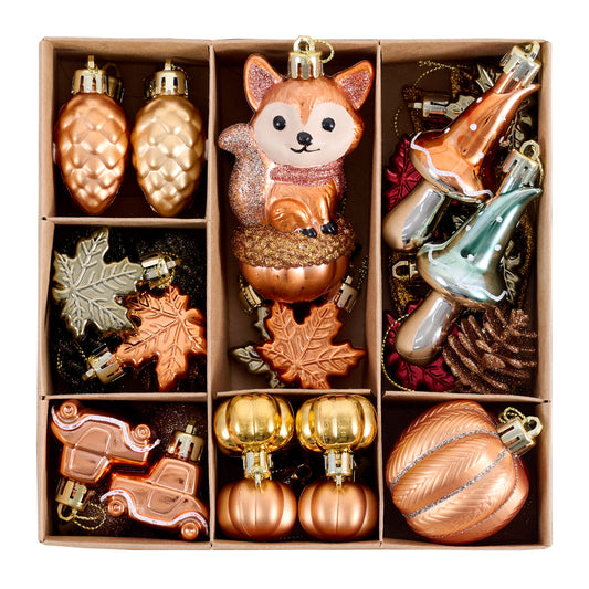DecorbyHannah Fall Ornaments for Tree Decorations, 40ct Autumn Harvest Pumpkin Maple leaves Blessed Woodland Fox Tree Ornament Set, Shatterproof Gold Farmhouse Decor Hanging Ball for Home Indoor Table