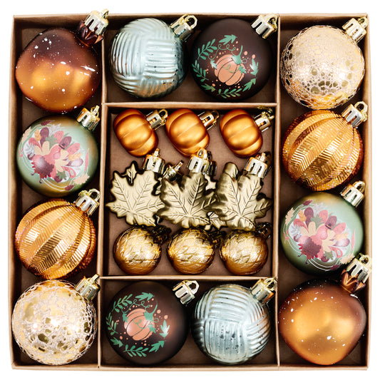 DecorbyHannah Fall Ornaments for Tree, 35ct Autumn Thanksgiving Harvest Bless Pumpkin Maple Leaf Star Icicle Ornament Set, Shatterproof Gold Orange Farmhouse Decor  Hanging Ball for Home Indoor Table
