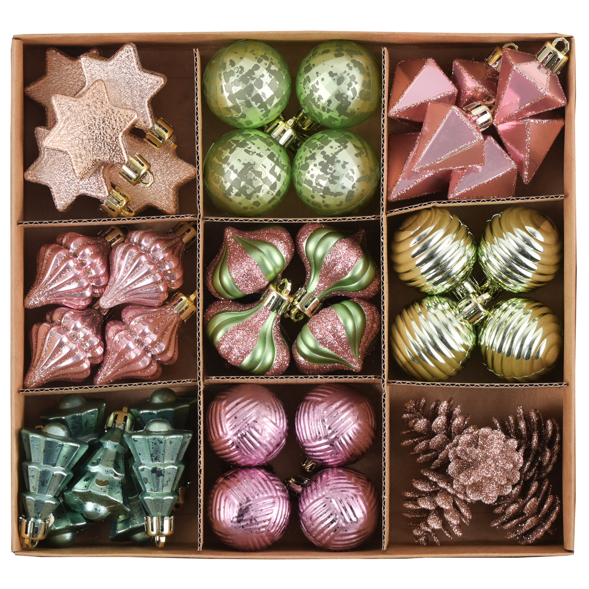 DecobyHannah 45ct Pink Green Mini Christmas Tree Decorations Ornaments Set
