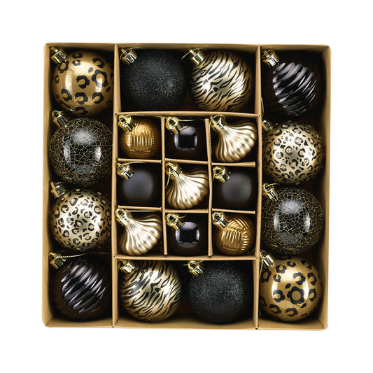 DecorbyHannah Black Gold Christmas Ornaments Decorations, 21ct Leopard Cheetah Print Christmas Tree Ornaments Set, Shatterproof Plastic Decorative Hanging Ball Bulk for Xmas Holiday Indoor Party Decor