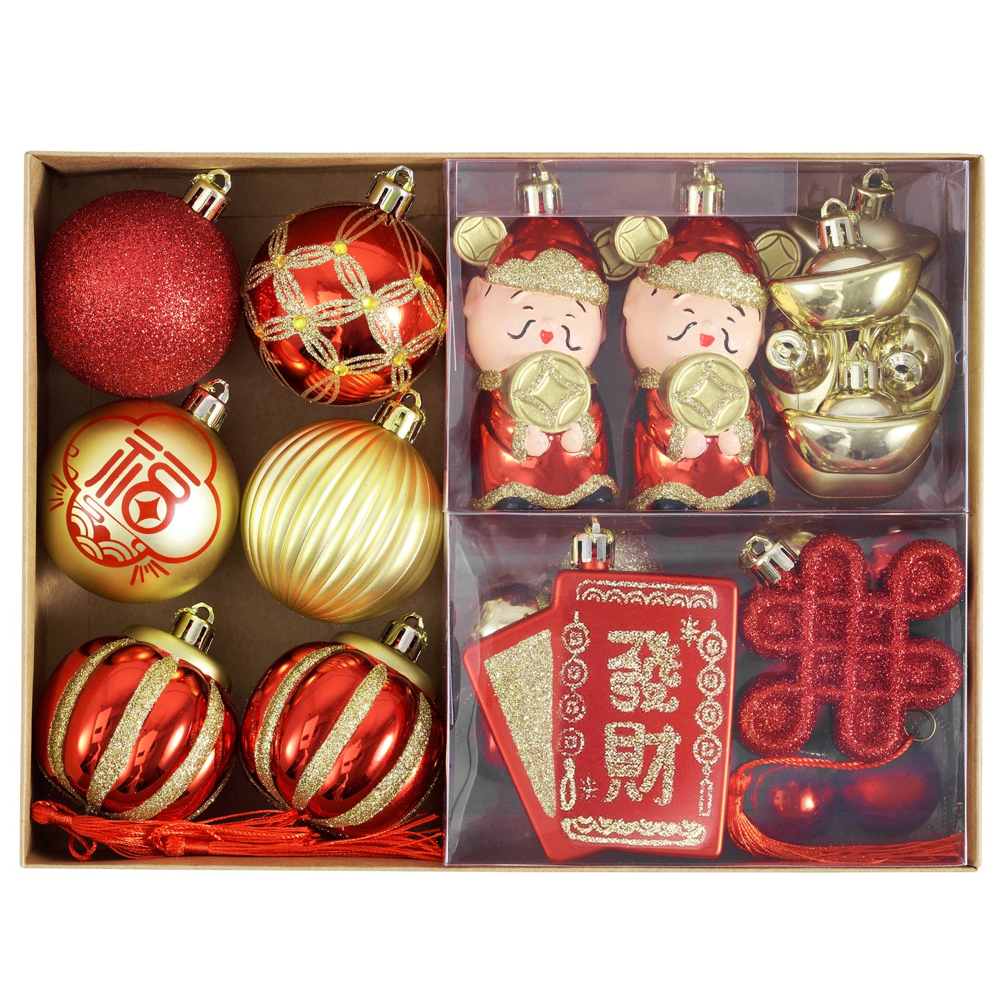 DecorbyHannah Chinese Lunar New Year Decorations 2026, 30ct Red and Gold Christmas Ornaments for Tree with Red Envelopes, God of Wealth, Lanterns, Gold Ingots,Shatterproof Balls for Party, Home Decor