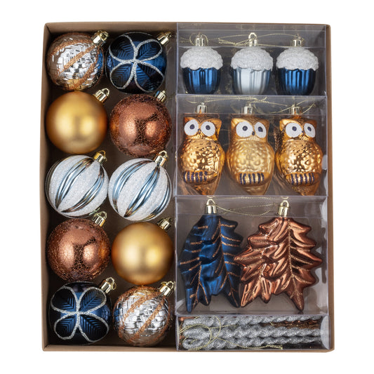 DecorbyHannah Woodland Christmas Ornaments Set, 40ct Shatterproof Blue Gold Silver Christmas Thanksgiving Ornaments for Xmas Tree, Assorted Decorative Hanging Plastic Ball Bulk for Xmas Home Decor