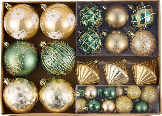 DecorbyHannah 60ct Green Gold Christmas Tree Decorations Ornaments Set Shatterproof Emerald Vintage Ready to Hang Christmas Ball Tree Decor Hanging Plastic Ball Bulk for Xmas Holiday Indoor Party