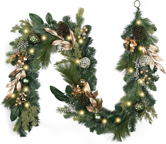 DecorbyHannah Christmas Garland with Lights, 6Ft Prelit Christmas Garland for Mantle, Stairs Railing, Lighted Xmas Garlands with Pine Cone, Bow Ornaments for Home Outdoor Decor(Green Gold)