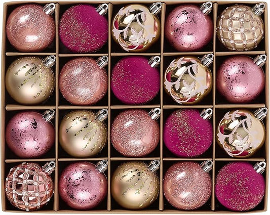 DecorbyHannah Christmas Tree Ornaments, 20ct 60mm Pink Gold Christmas Ball Ornaments for Xmas Tree Decorations, Shatterproof Velvet Christmas Ornaments Set for Home Party Valentines Day Décor