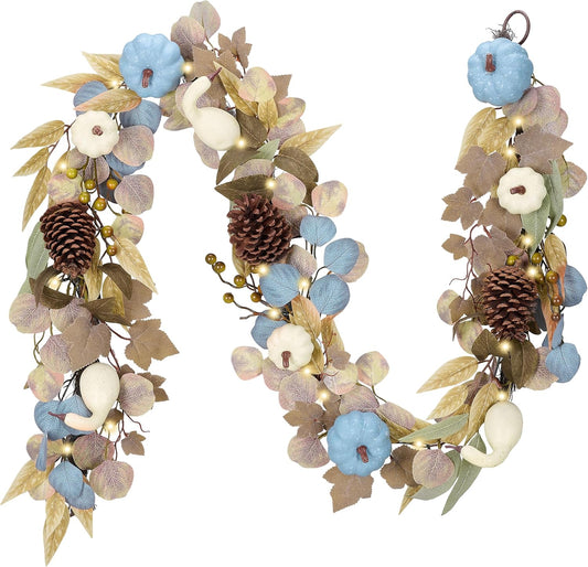 DecorbyHannah 6ft Fall Garland for Mantle with Lights, Pumpkin, Pinecone