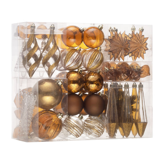 DecorbyHannah Copper Christmas Ornaments Set,100ct Clear Bronze Brown Christmas Tree Ornaments Decorations, Assorted Shatterproof Plastic Hanging Amber Earth Tone Ball Bulk for Xmas,Thanksgiving
