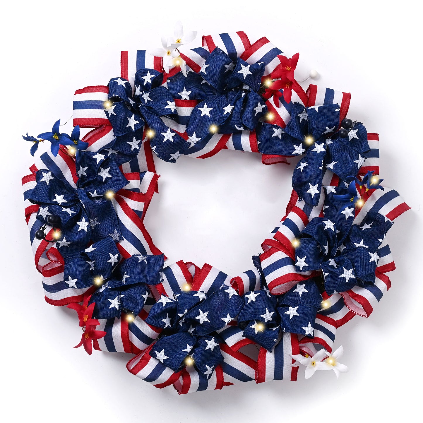DecorbyHannah Patriotic Memorial Day Wreath for Front Door, 24" Large 4th of July Wreaths with Lights, Collasible Red White Blue Burlap Bow Wreath Decorations with Forsythia for Independence Day