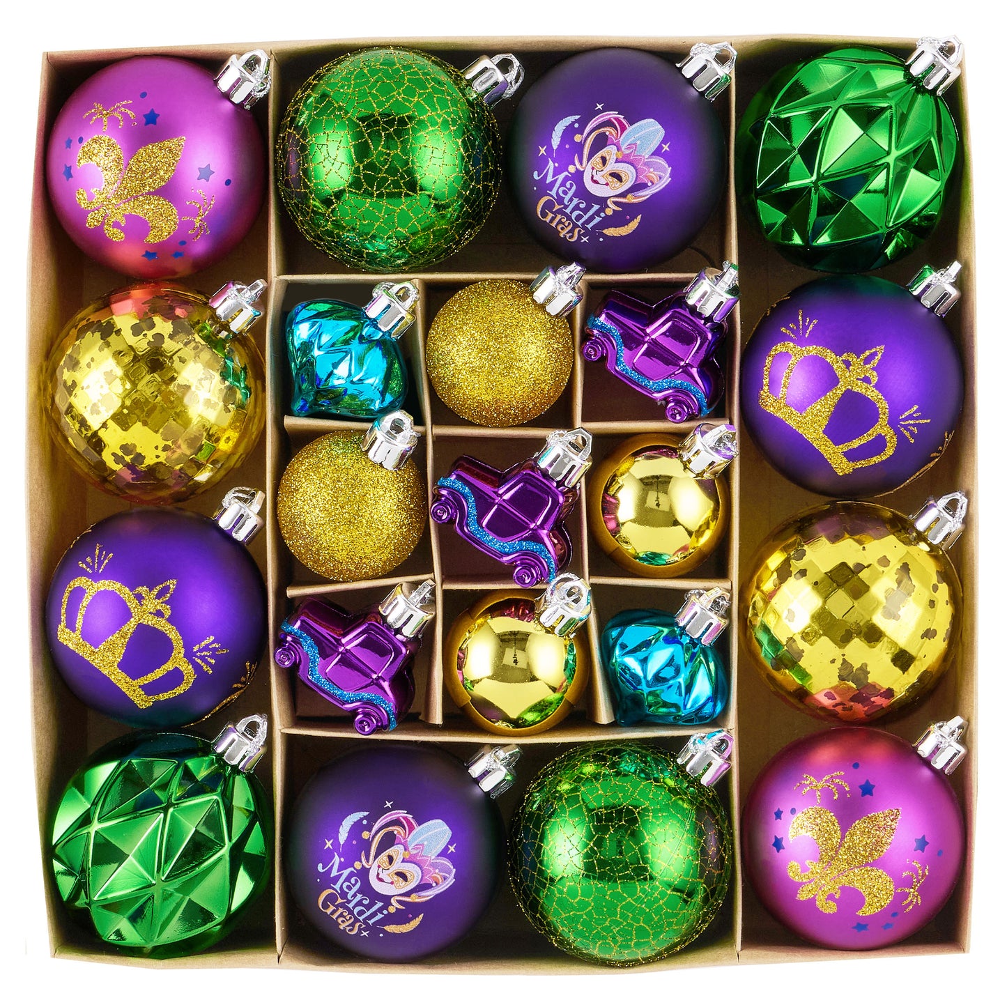 DecorbyHannah 21ct Mardi Gras Decorations, Shatterproof Purple Green Gold Tree Ornaments with Fleur de Lis & Jester Designs, Large Plastic Ball Carnival Decor for New Orleans Masquerade, Fat Tuesday